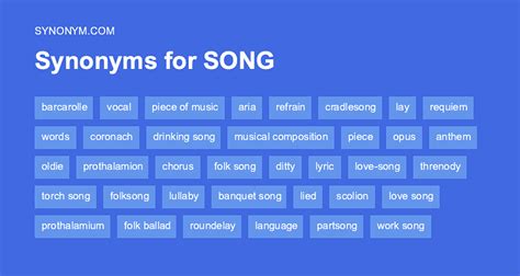Song synonyms - Synonyms for song in Free Thesaurus. Antonyms for song. 45 synonyms for song: ballad, air, tune, lay, strain, carol, lyric, chant, chorus, melody, anthem, number ... 